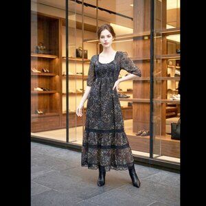 Rainbow Collection Black Floral Lace-Trim Midi Dress – Size M 🌸🖤✨